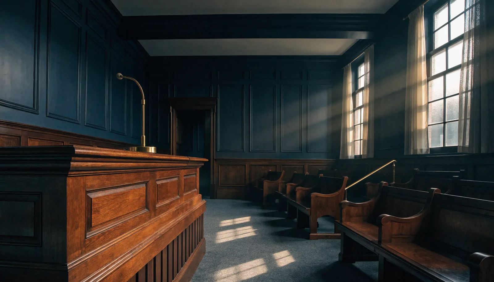 Interior of an empty courtroom with a judge's bench and gallery benches, representing a California arraignment