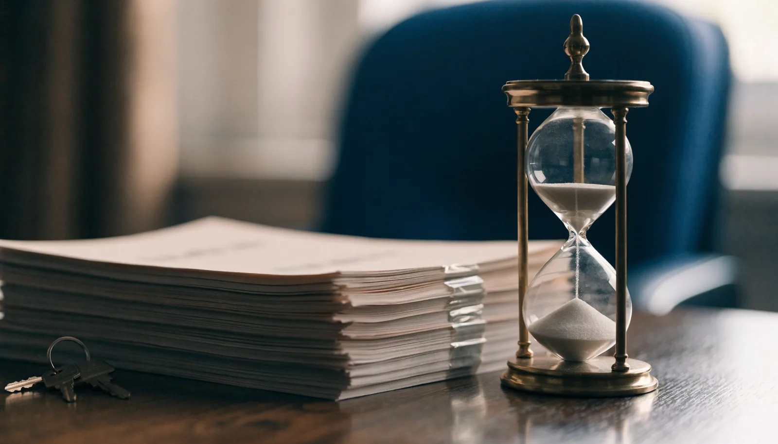 Hourglass and sealed legal documents on a desk, representing how long a DUI stays on your record in California