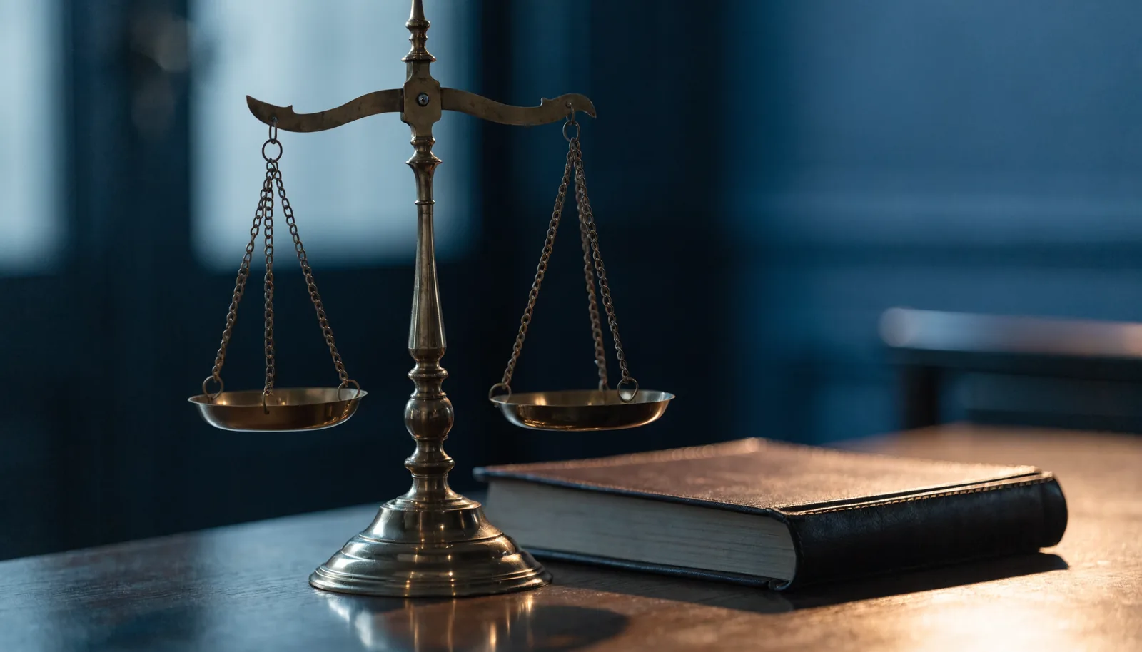 Brass scales of justice beside a law book, representing the difference between a misdemeanor and a felony in California