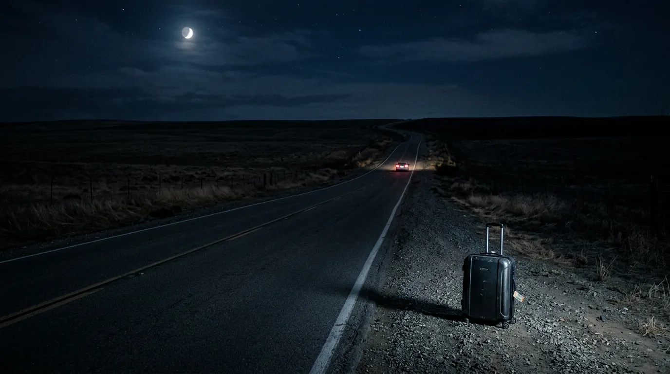 An empty rural road at night with a single suitcase on the gravel shoulder and a car's taillights receding into the darkness
